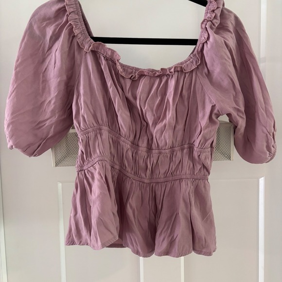 Bohme Mauve Size Small Ruffle Neckline Smocked Peplum Babydoll Blouse Top - Picture 2 of 5